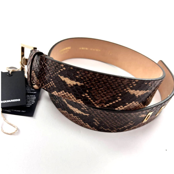 New DSquared2 Women Belt Brown Snake Skin Print Genuine Leather Gold Metal 75 main image 6